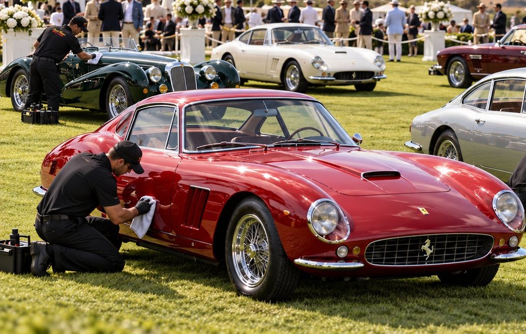 Representative visual of a technician finishing a red classic car on a concours lawn