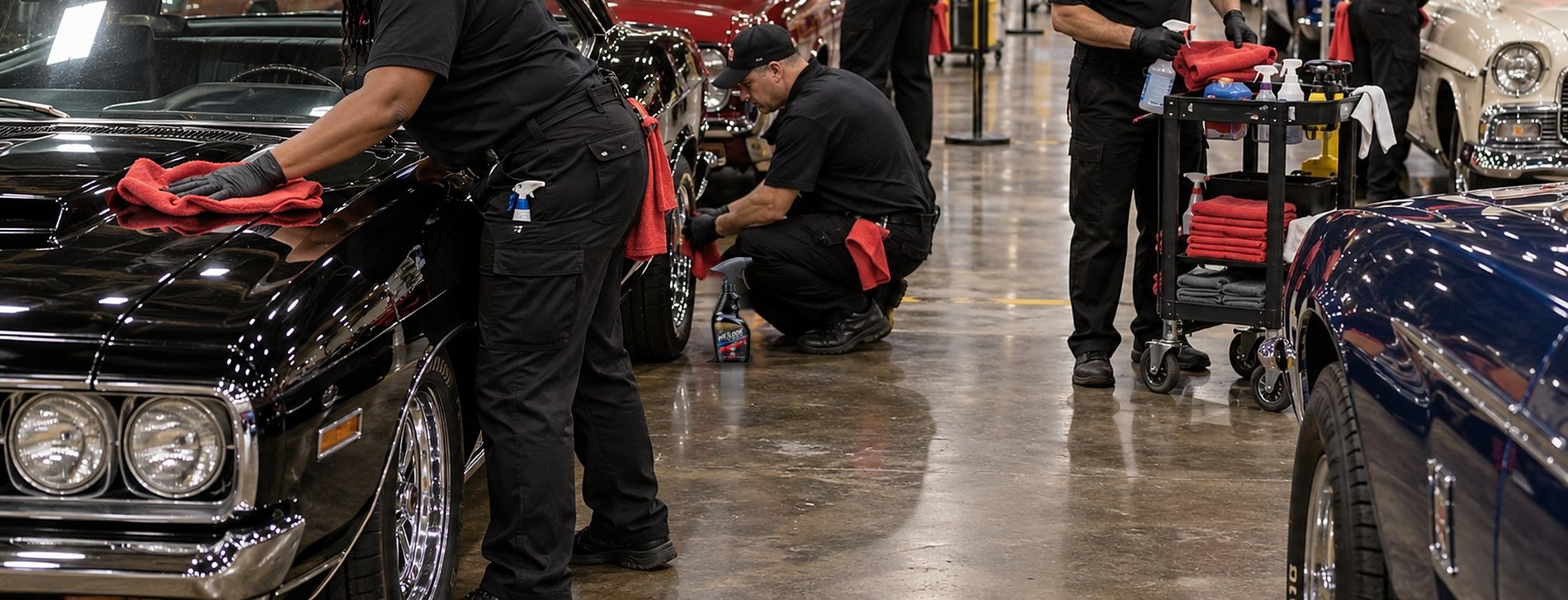 Vehicles being prepared by hand on an exhibition hall floor