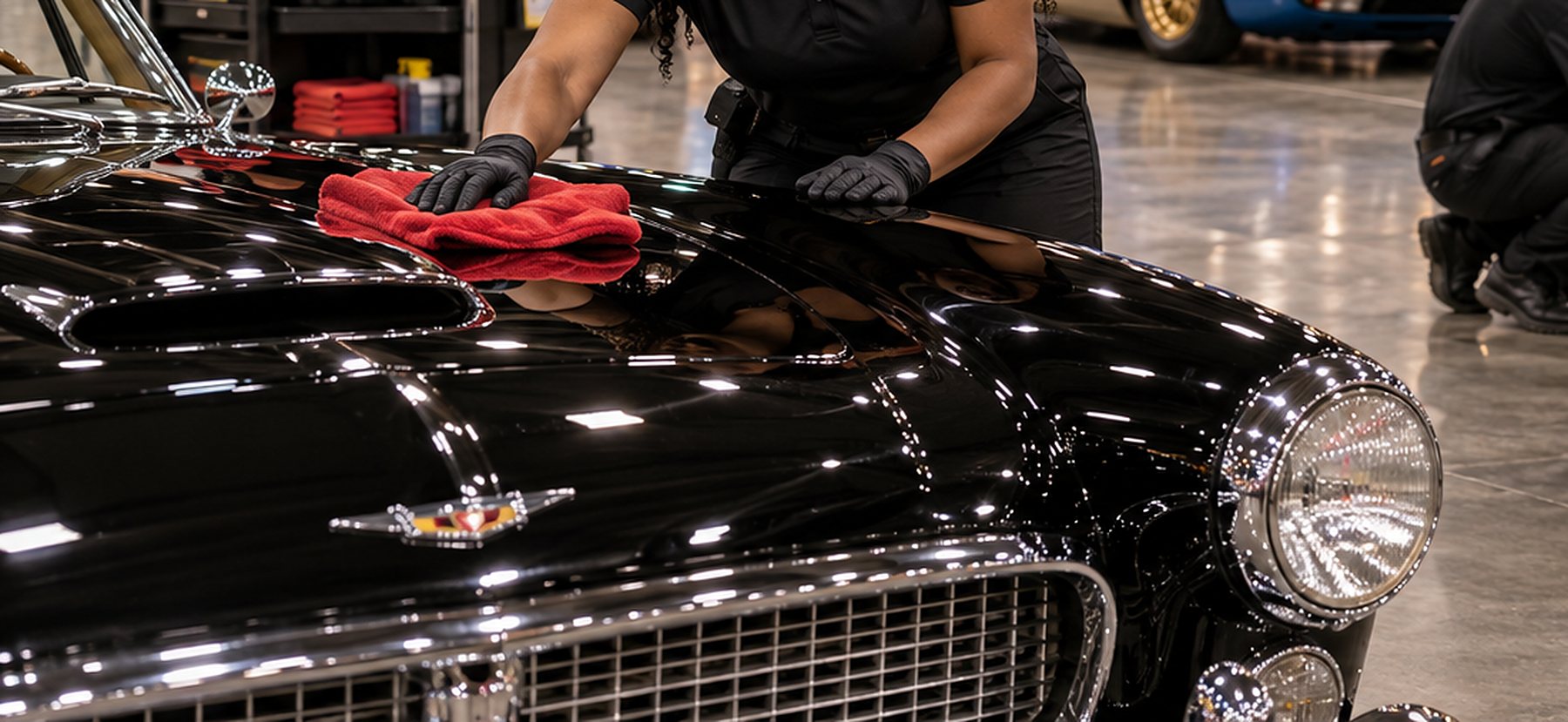 Gloved hands drying the hood of a black classic car in an exhibition hall