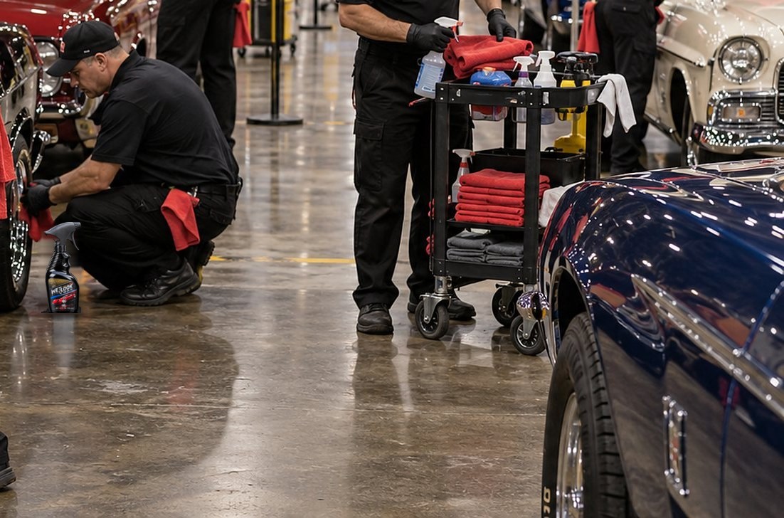 Representative visual of a crew maintaining vehicles on an exhibition hall floor