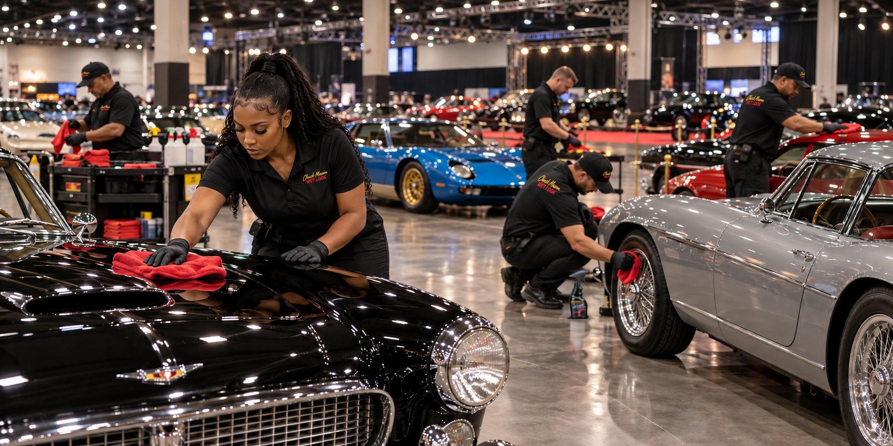 Representative visual of a crew preparing vehicles in an event hall
