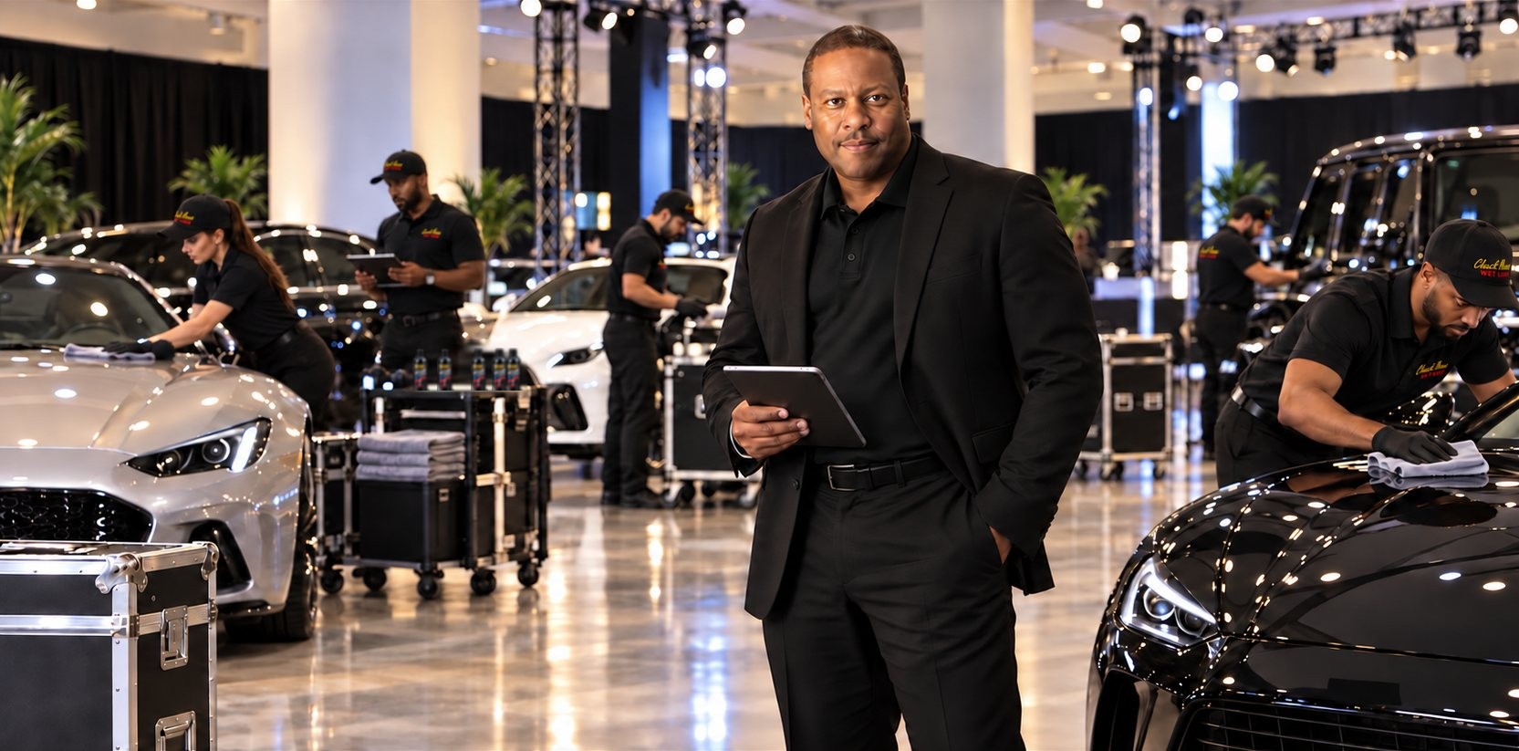 Representative visual of a presentation lead with a tablet while a crew prepares vehicles in an event hall