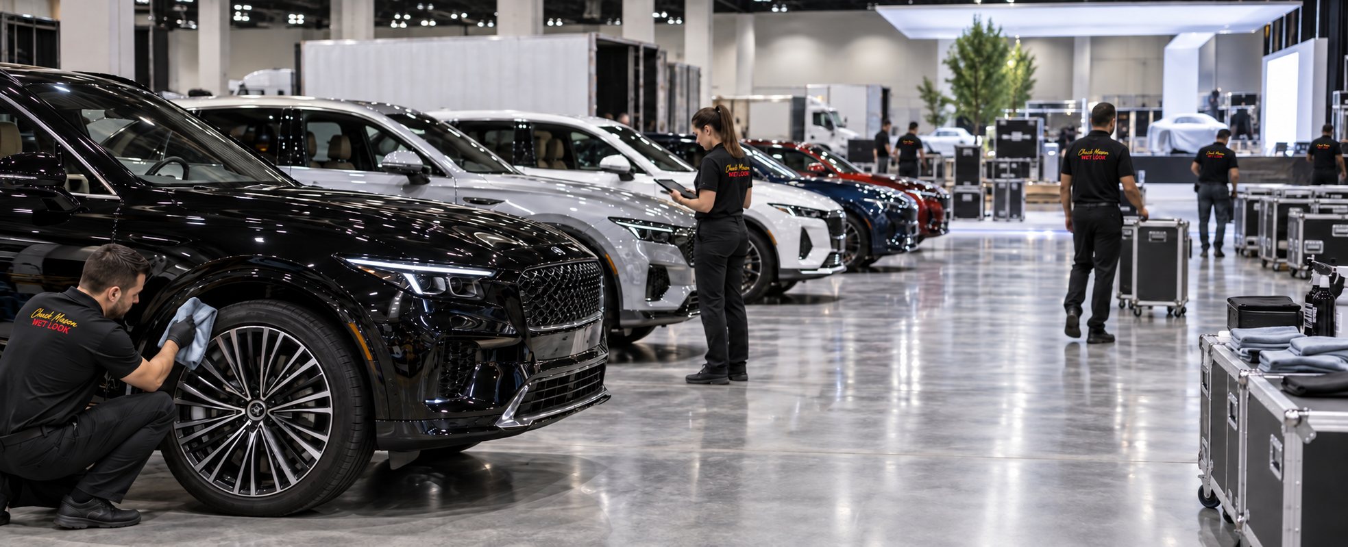 Representative visual of a crew staging and preparing vehicles in a convention hall