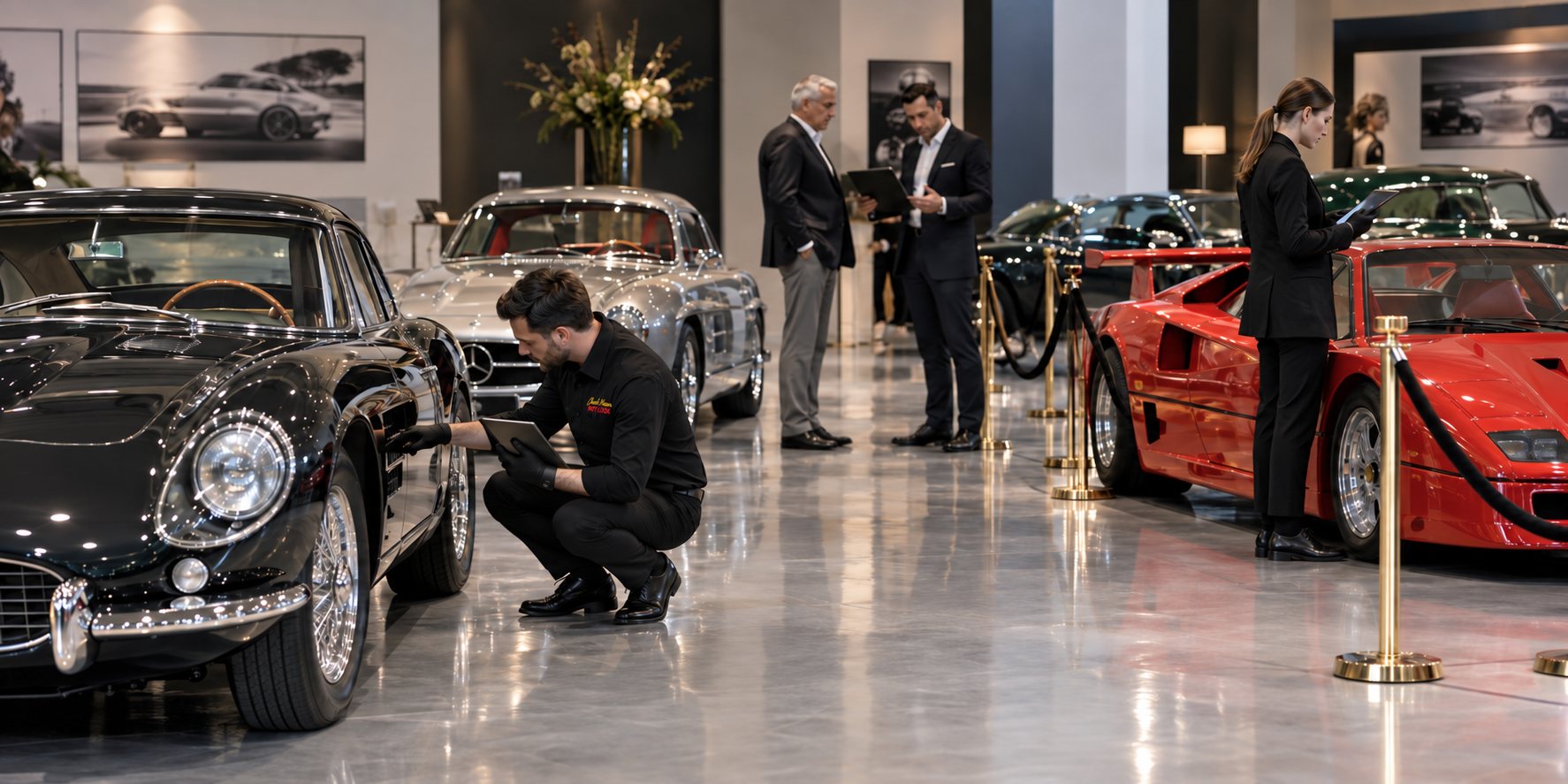 Representative visual of a technician inspecting a classic car in a showroom