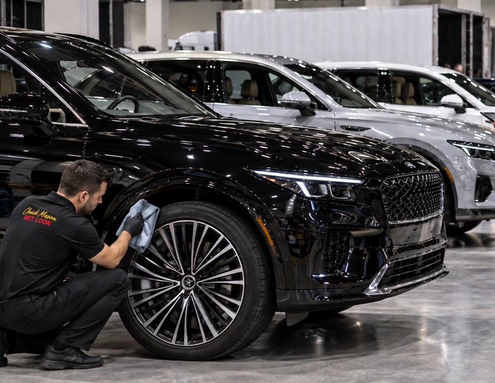 Representative visual of a technician finishing the wheel of a black vehicle in an event hall