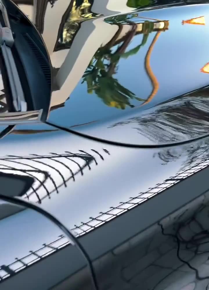 Close view of a deep black finish reflecting palm trees and sky
