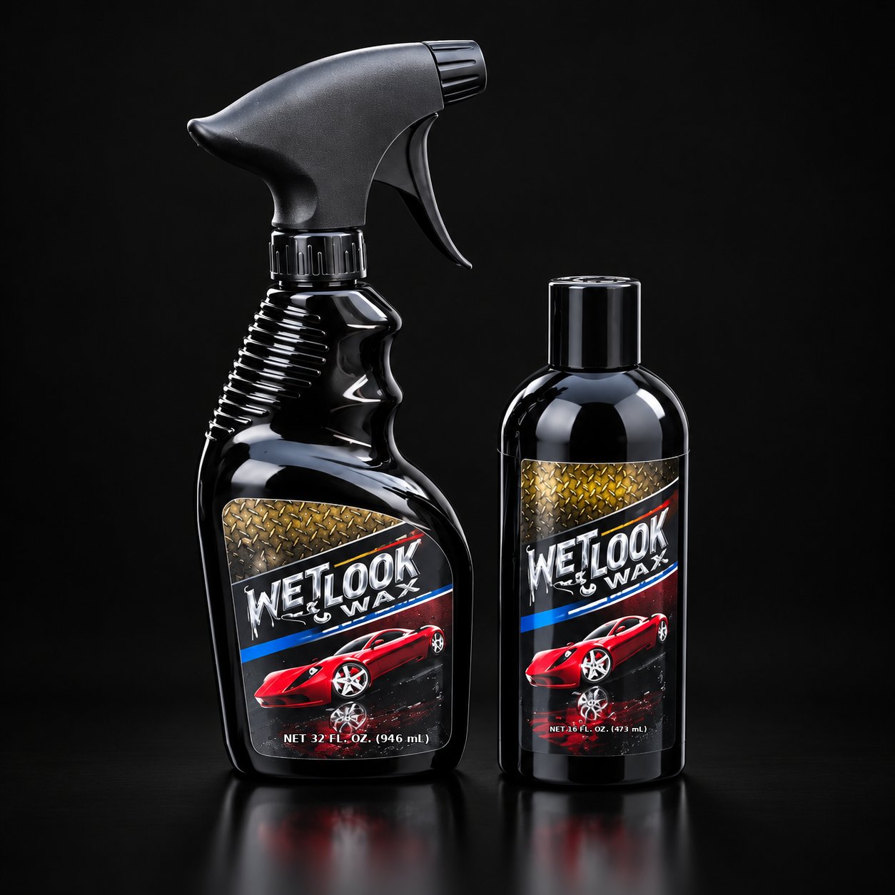Wet Look Wax spray bottle and squeeze bottle on a dark studio surface