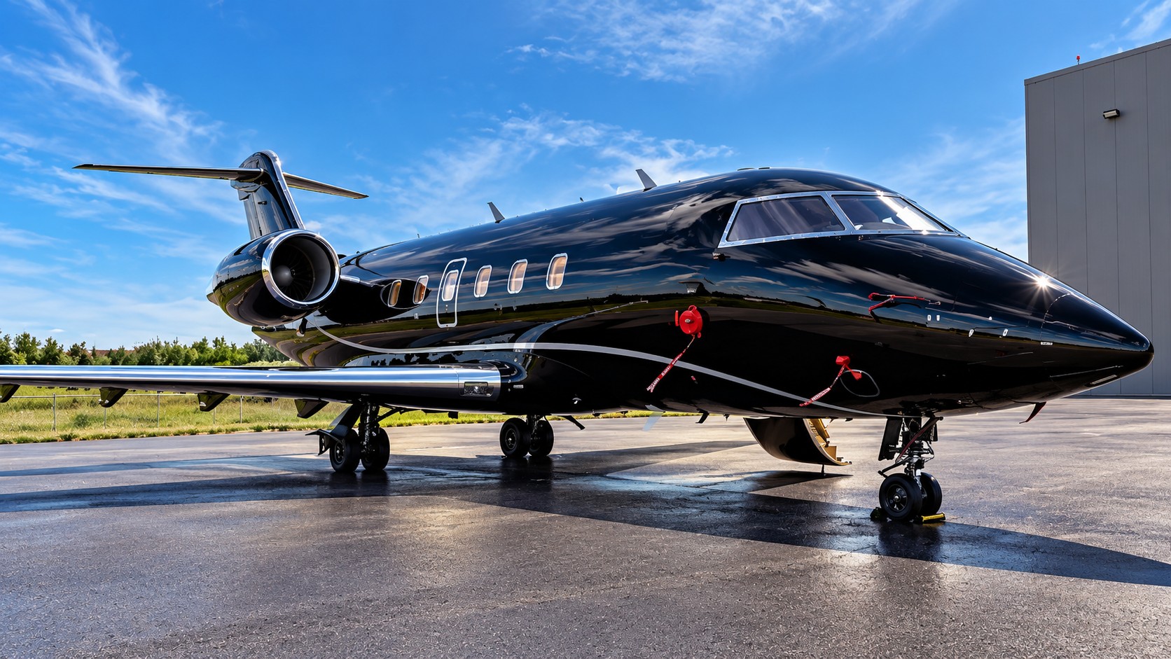 Gloss-black private jet with a mirror finish on the ramp