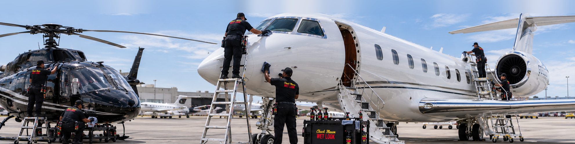 Wet Look crew finishing a black helicopter and a white charter jet on the ramp