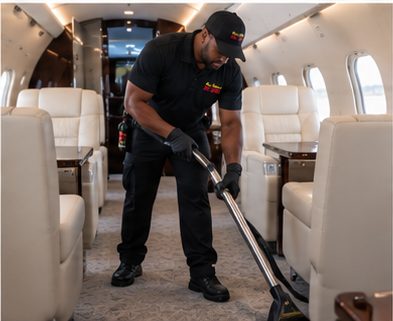 Crew member extracting cabin carpet