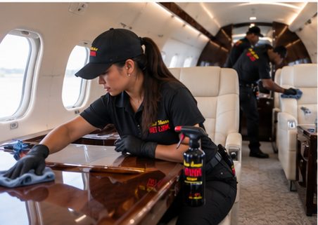 Crew member polishing a cabin table