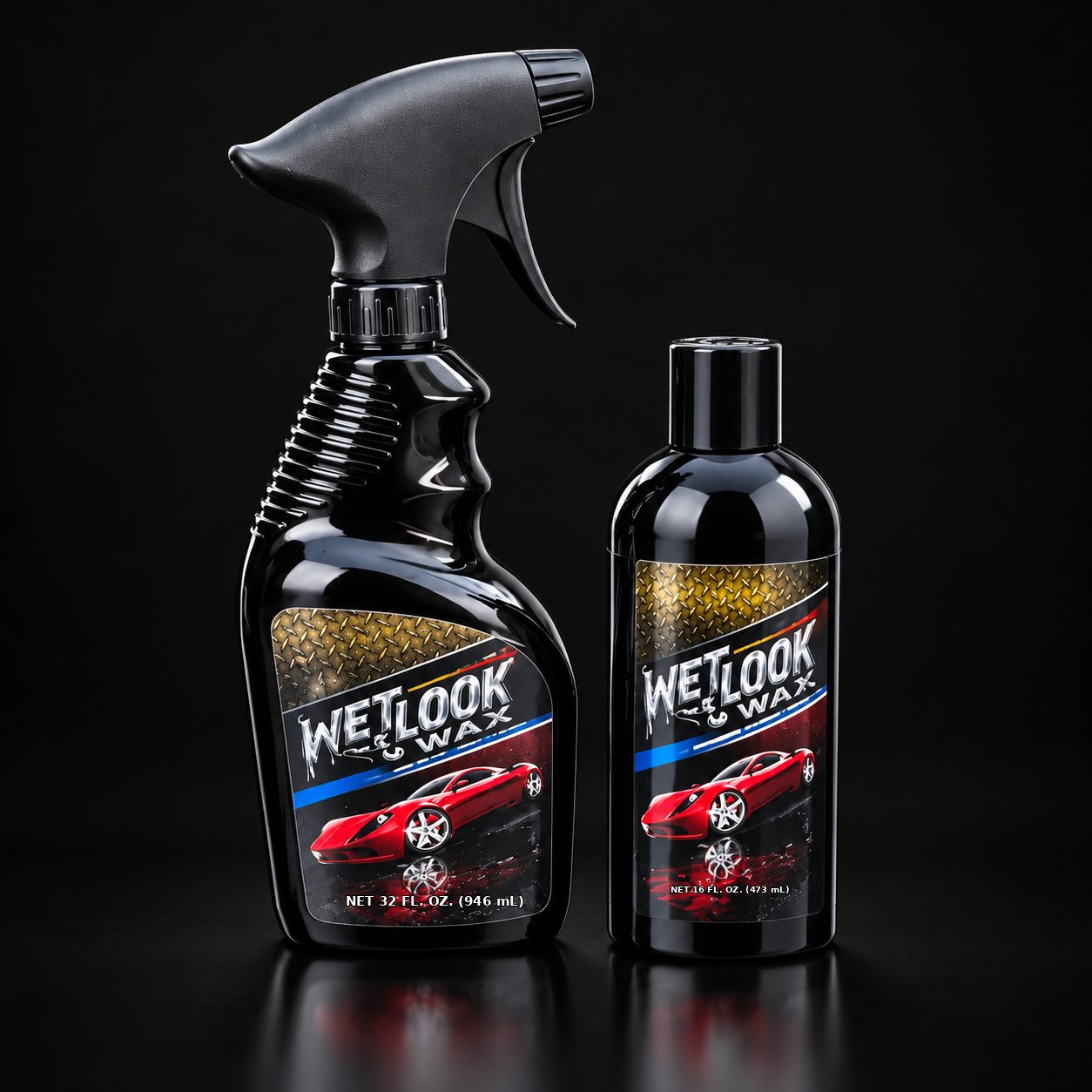 Wet Look Wax spray and liquid wax bottles on black