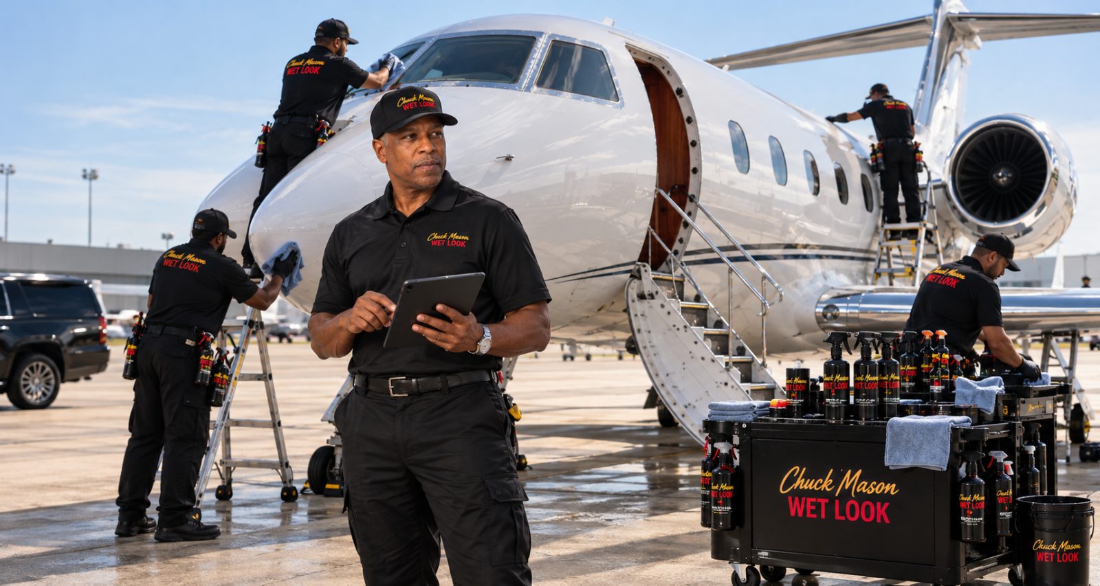 Chuck Mason with a tablet as his Wet Look crew finishes a private jet on the ramp