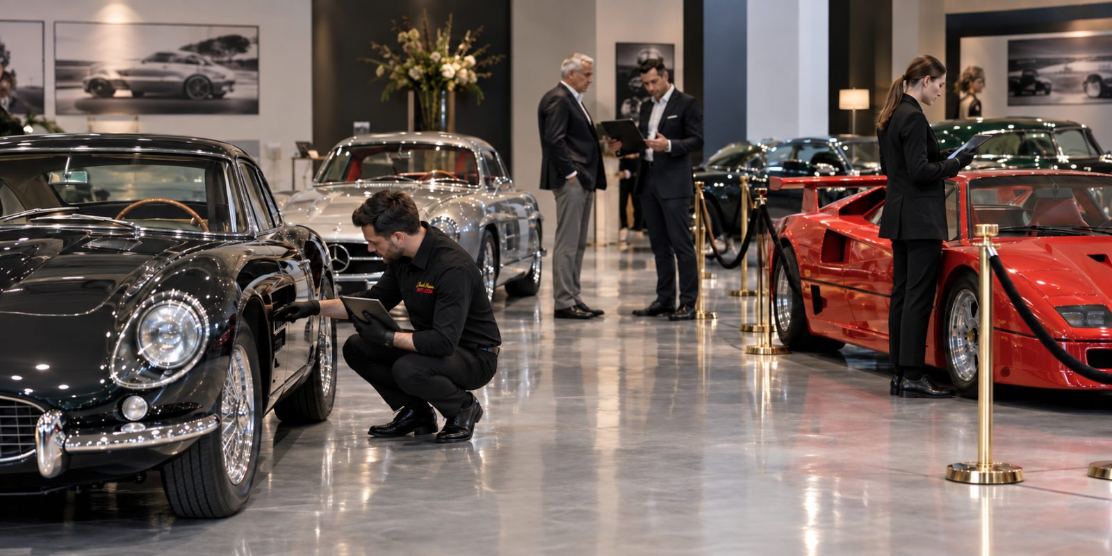 Crew member inspecting a classic coupe in a private collection showroom