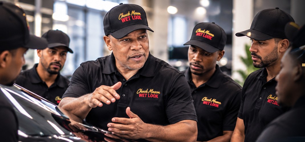 Chuck Mason coaching a dealership detail team on a showroom floor