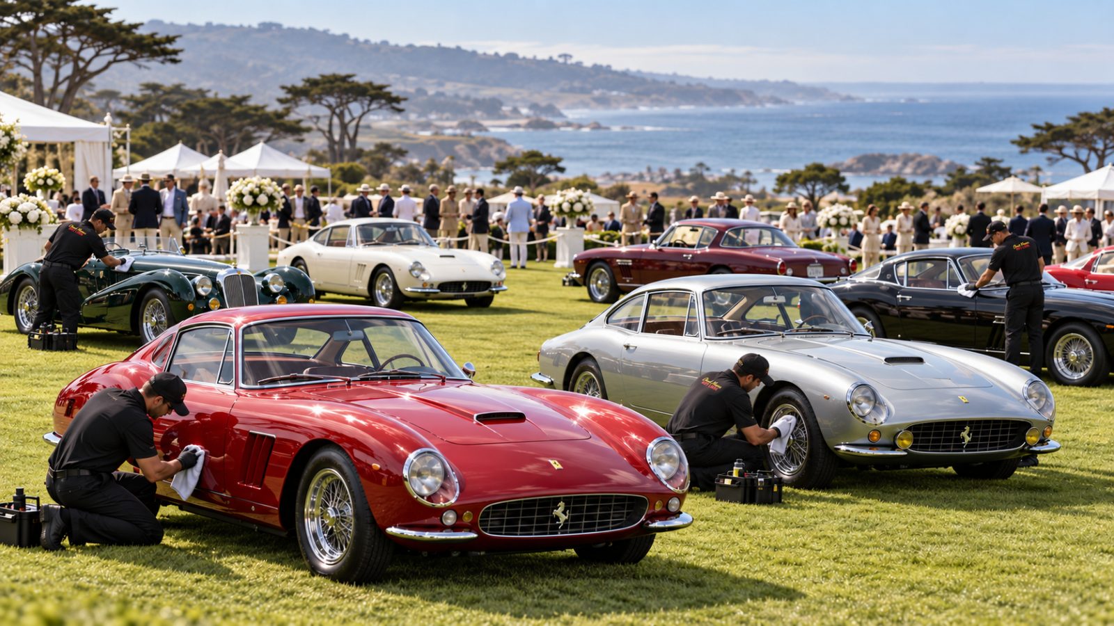 Wet Look crew preparing classic Ferraris on a seaside concours lawn