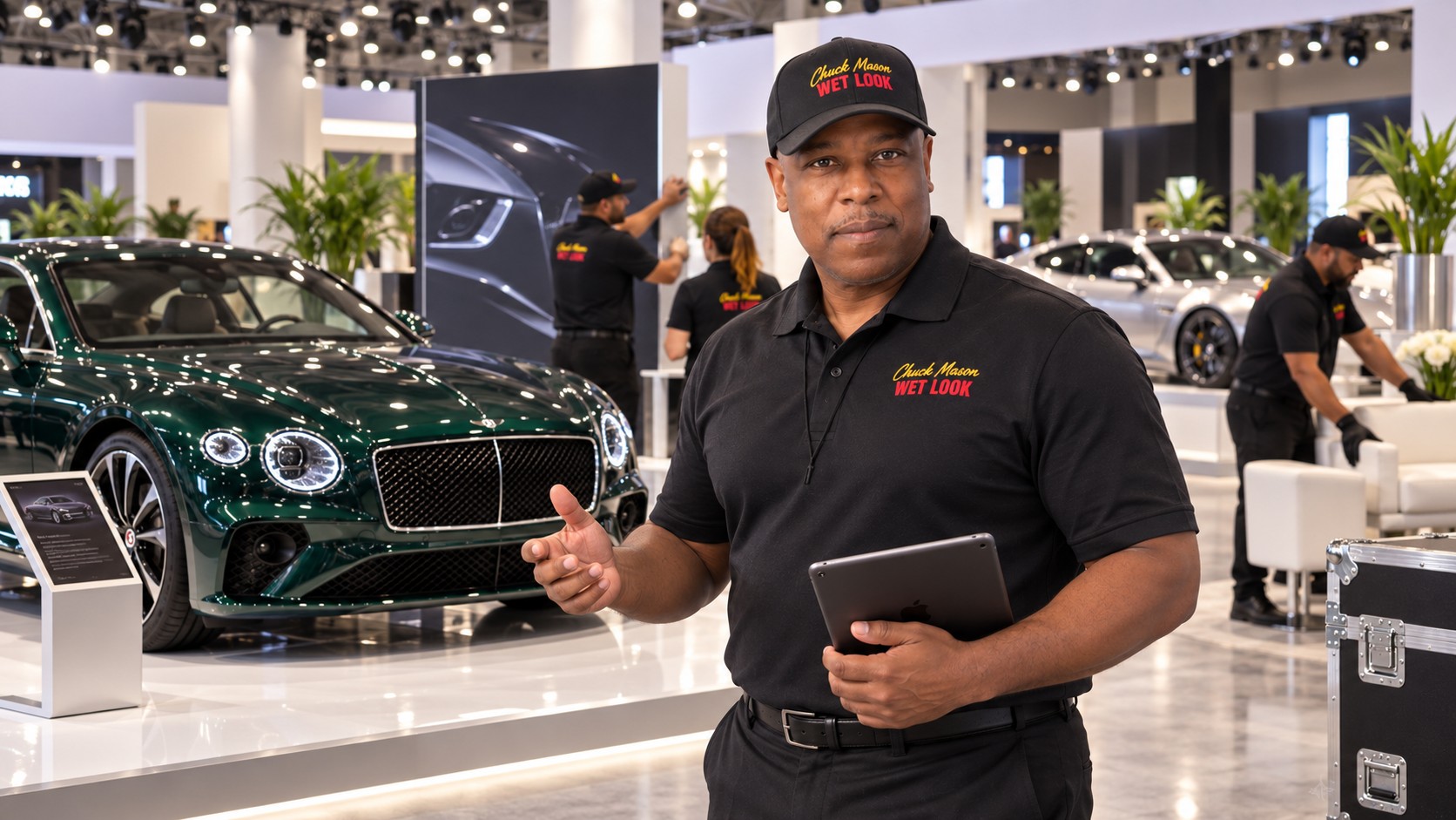 Chuck Mason directing a Wet Look crew staging a manufacturer display at an auto show