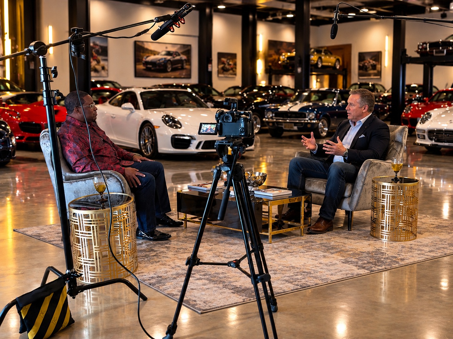 Chuck Mason interviewing a private collector on camera inside his car collection