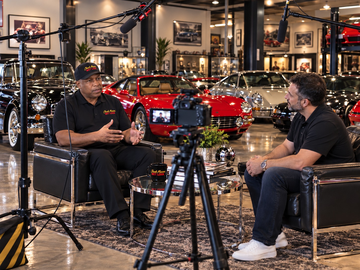 Chuck Mason on camera in a filmed conversation inside a private car collection