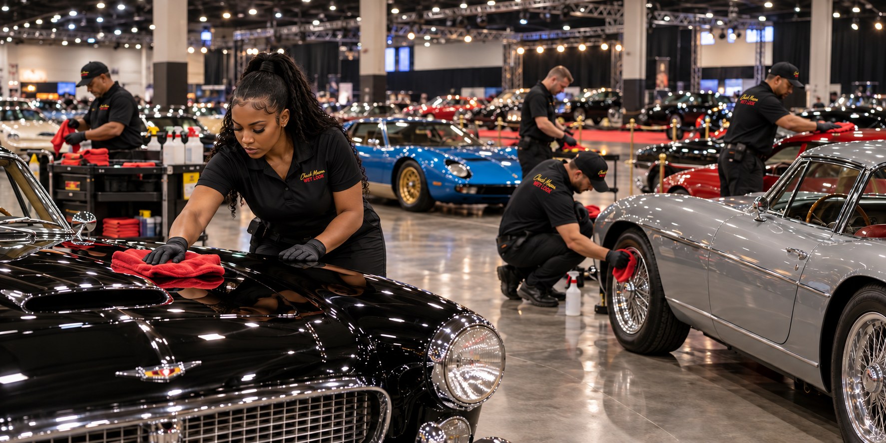 Wet Look crew finishing classic cars on an auction and show floor