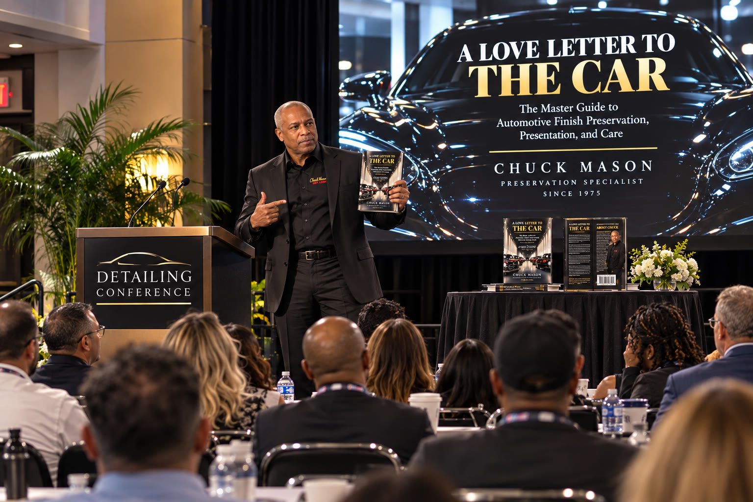 Chuck Mason speaking on stage in front of the A Love Letter to the Car screen